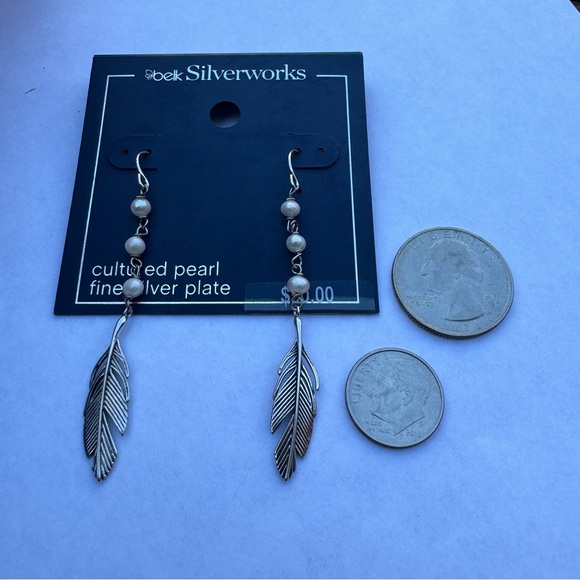 NEW! Women’s Cultured Pearl Fine Silver Plate Feather Earrings by Belk NWT - Picture 4 of 5